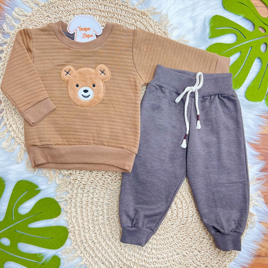 Conj. Casaco Matalasse Ursinho de Pelinho e Calça de Moletom - Marrom